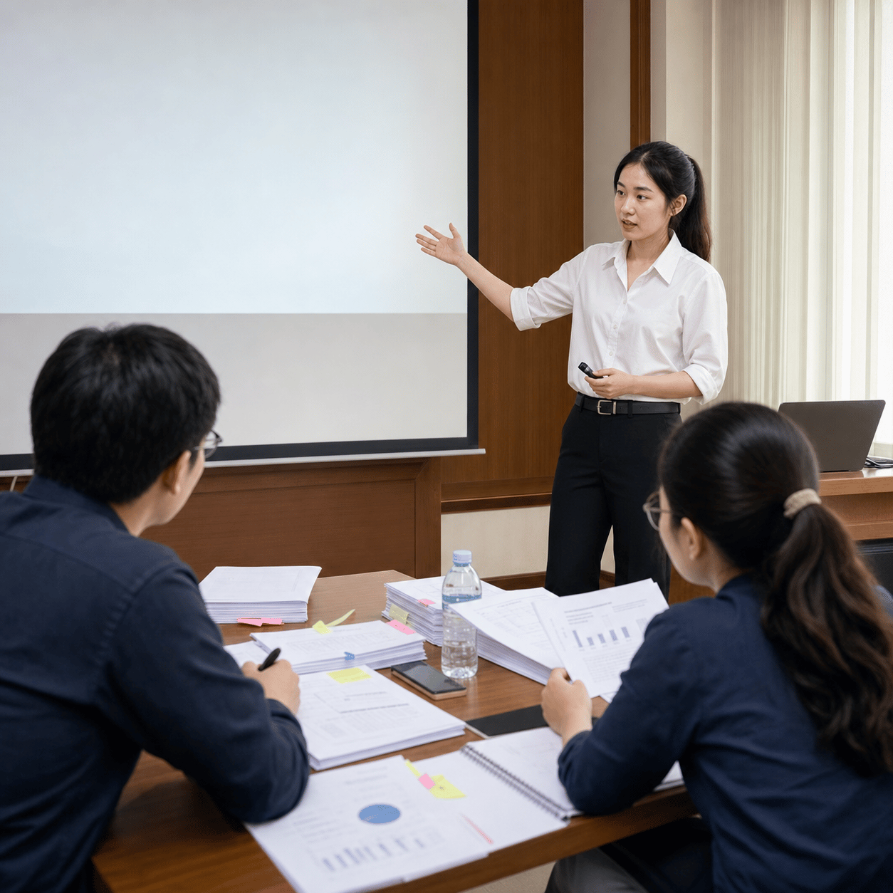 นักศึกษาไทยซ้อมนำเสนอผลงานวิจัยหน้าจอและเอกสารสรุปก่อนสอบป้องกัน