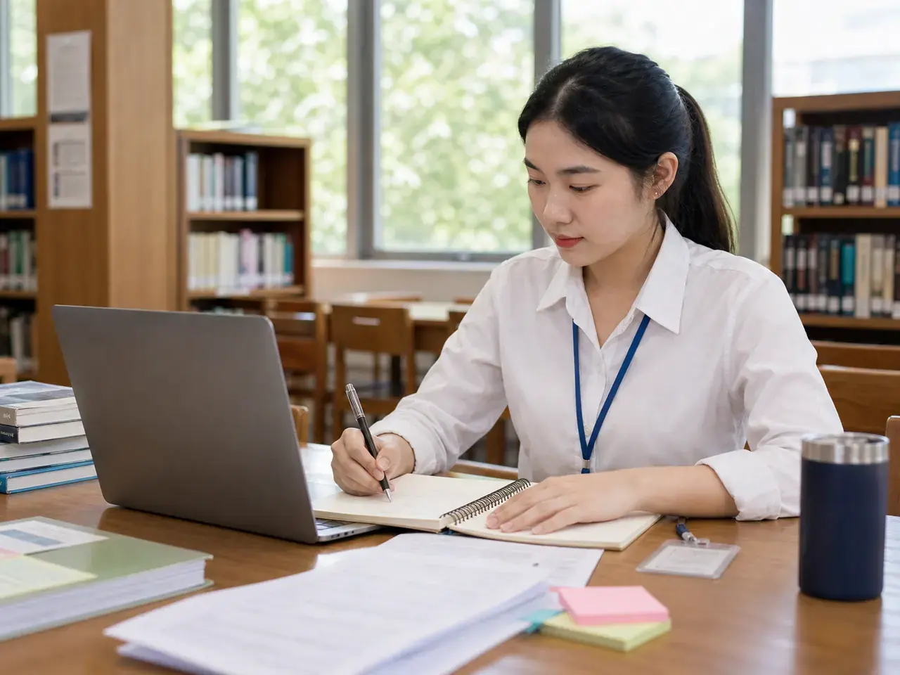 นักศึกษาไทยนั่งกรอกข้อมูลสมัครใช้งาน ResearchOS ในห้องสมุดมหาวิทยาลัย